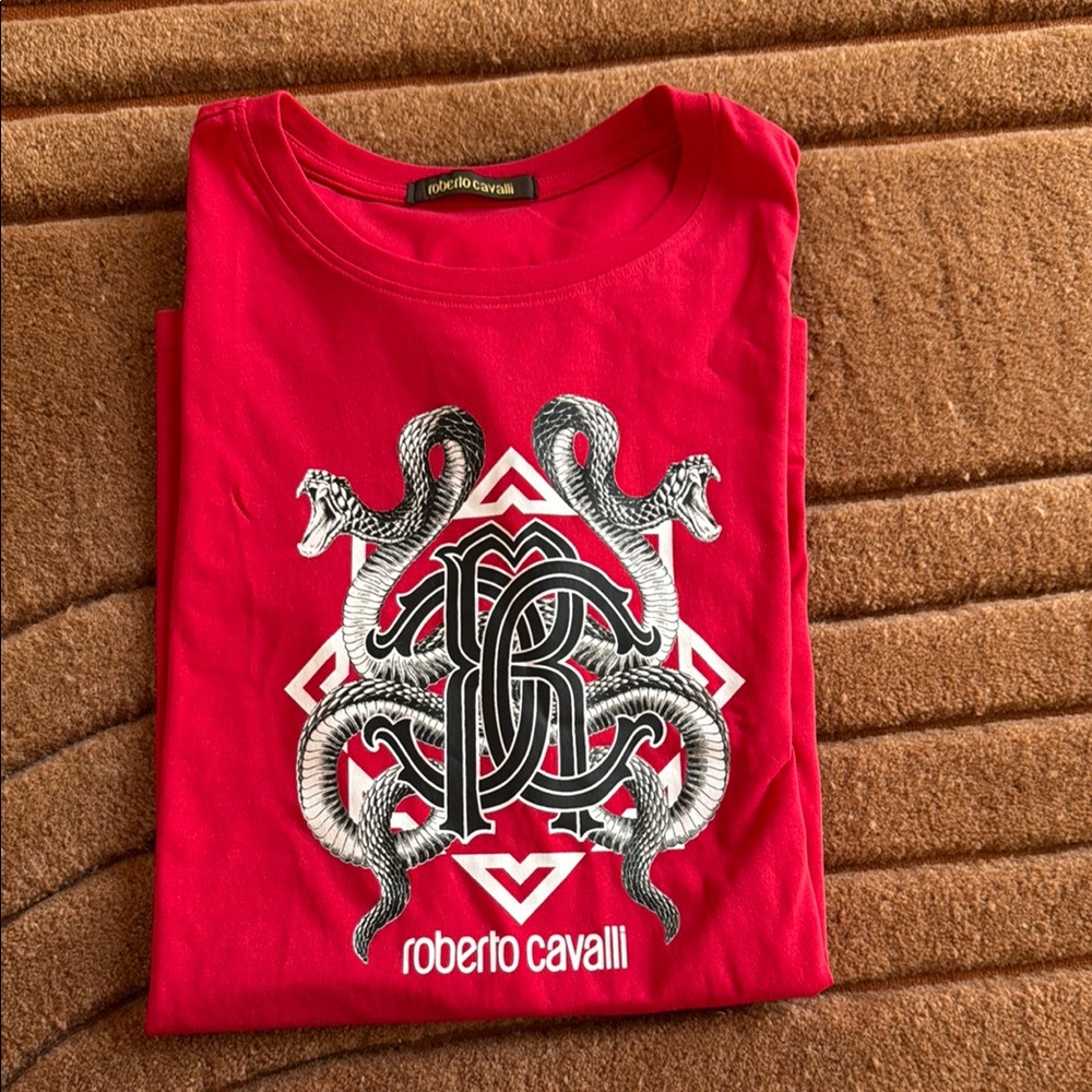Roberto Cavalli Graphic Tee Red Snakes Logo – Fits Like Small